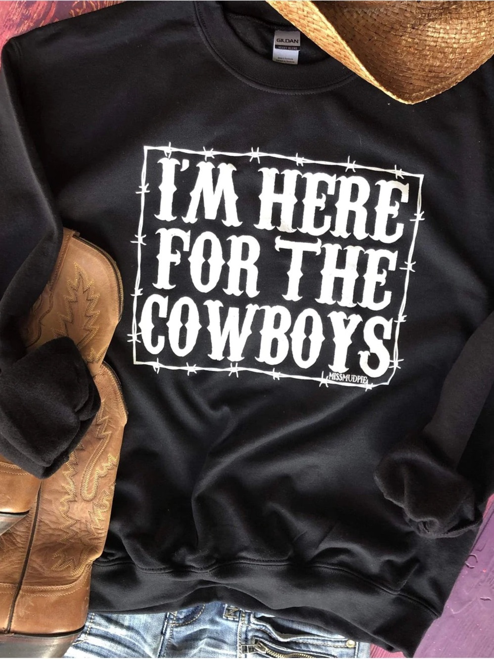 Jerzees Black Crewneck Sweatshirt with White 'I'm Here For The Cowboys' Graphic